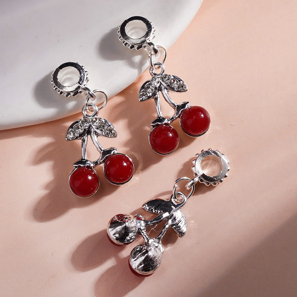 Silver Metal Bail Beads, Charm Pendants Cherry with Red Round & Clear Rhinestones, Ornament Accessories