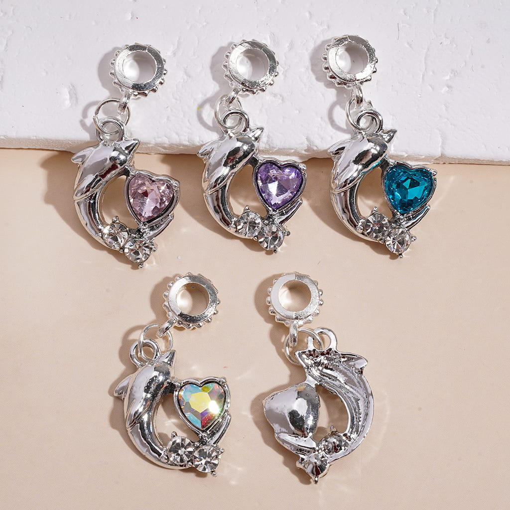 Silver Alloy Bail Ring Beads, Charm Pendants Dolphin with Heart & Round Clear Rhinestones, Jewelry Accessories, Random Mix