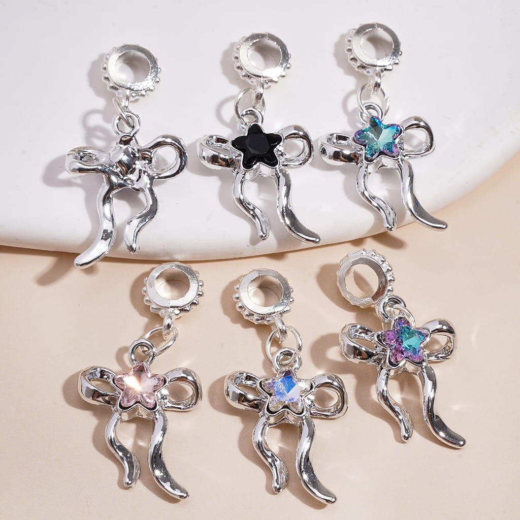 Alloy Bail Loop Beads, Charm Pendants Ribbon Bowknot with Star Rhinestone, Multi-Color, Random Mix
