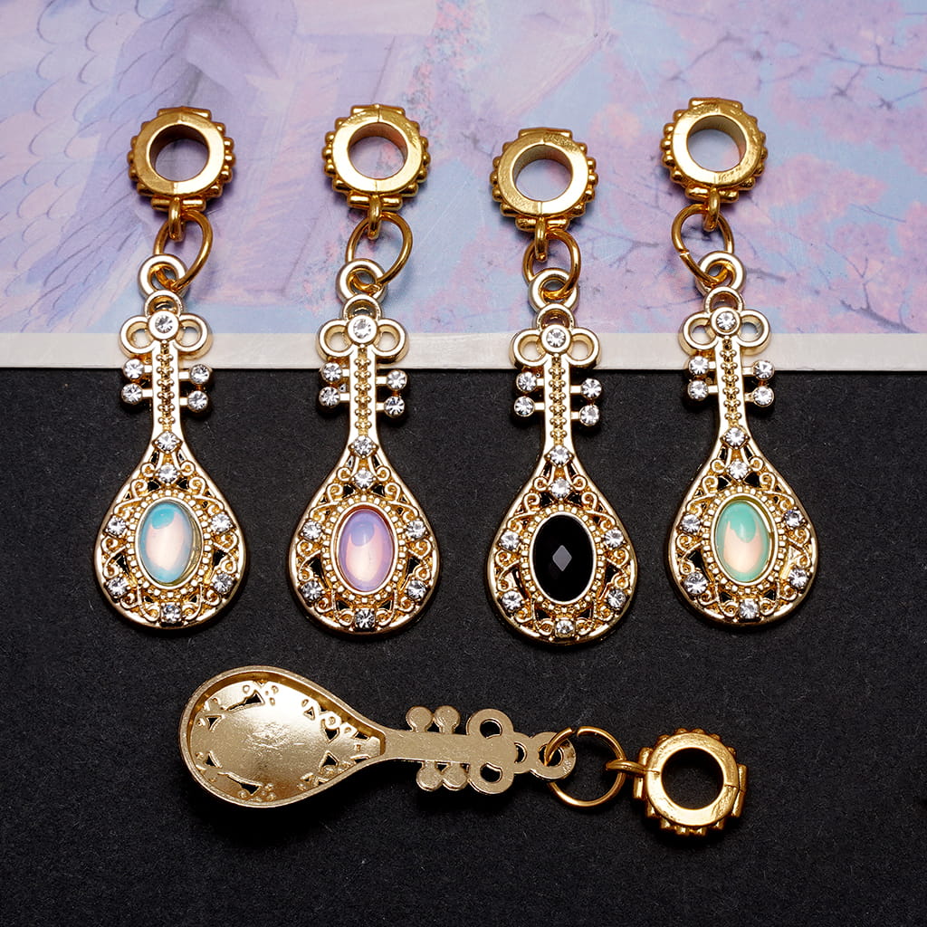 Gold Alloy Bail Beads, Charm Pendants Chinese Musical Instruments Pipa with Rhinestones, Multi-Color, Random Mix