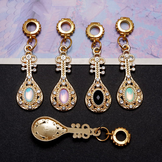 Gold Alloy Bail Beads, Charm Pendants Chinese Musical Instruments Pipa with Rhinestones, Multi-Color, Random Mix