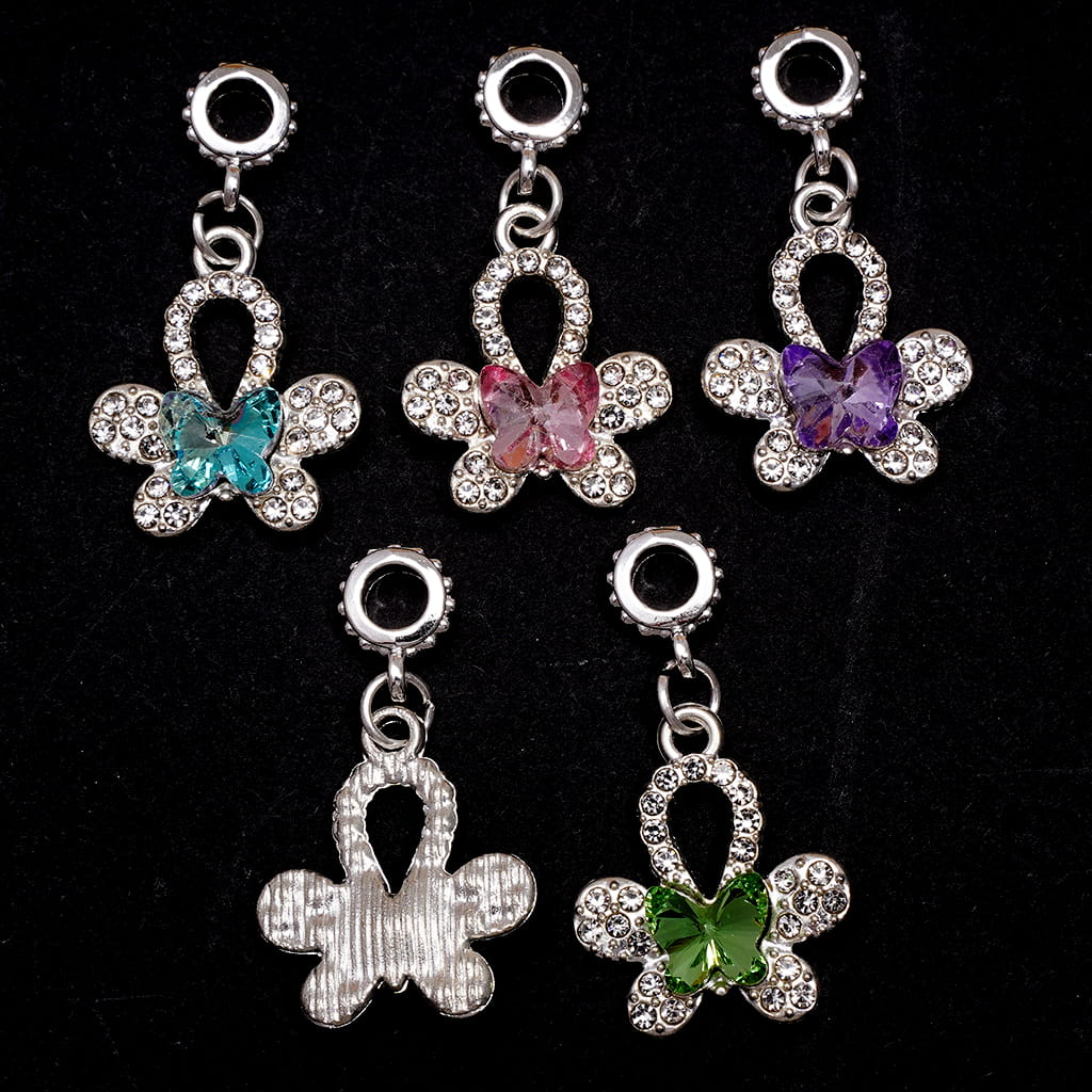 Silver Metal Bail Beads Dangle Charms Lucky Four Leaf Clover with Butterfly & Clear Rhinestones, Ornament Accessories, Random Mix