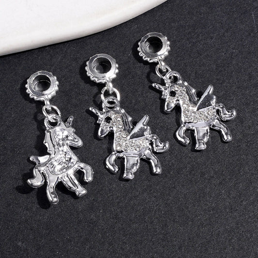 Silver Alloy Bail Beads Unicorn with Wing and Clear Black Rhinestones, Loop Beads Charms Pendants Jewelry Accessories