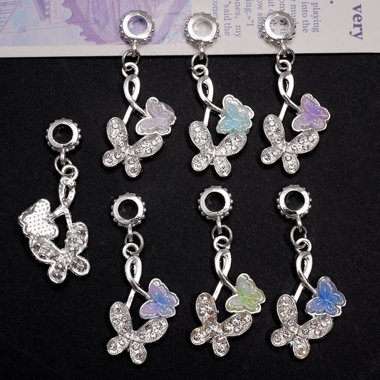 Silver Alloy Bail Loop Beads Hanging Charms Double Butterflies with Clear Rhinestones, Jewelry Accessories, Random Mix