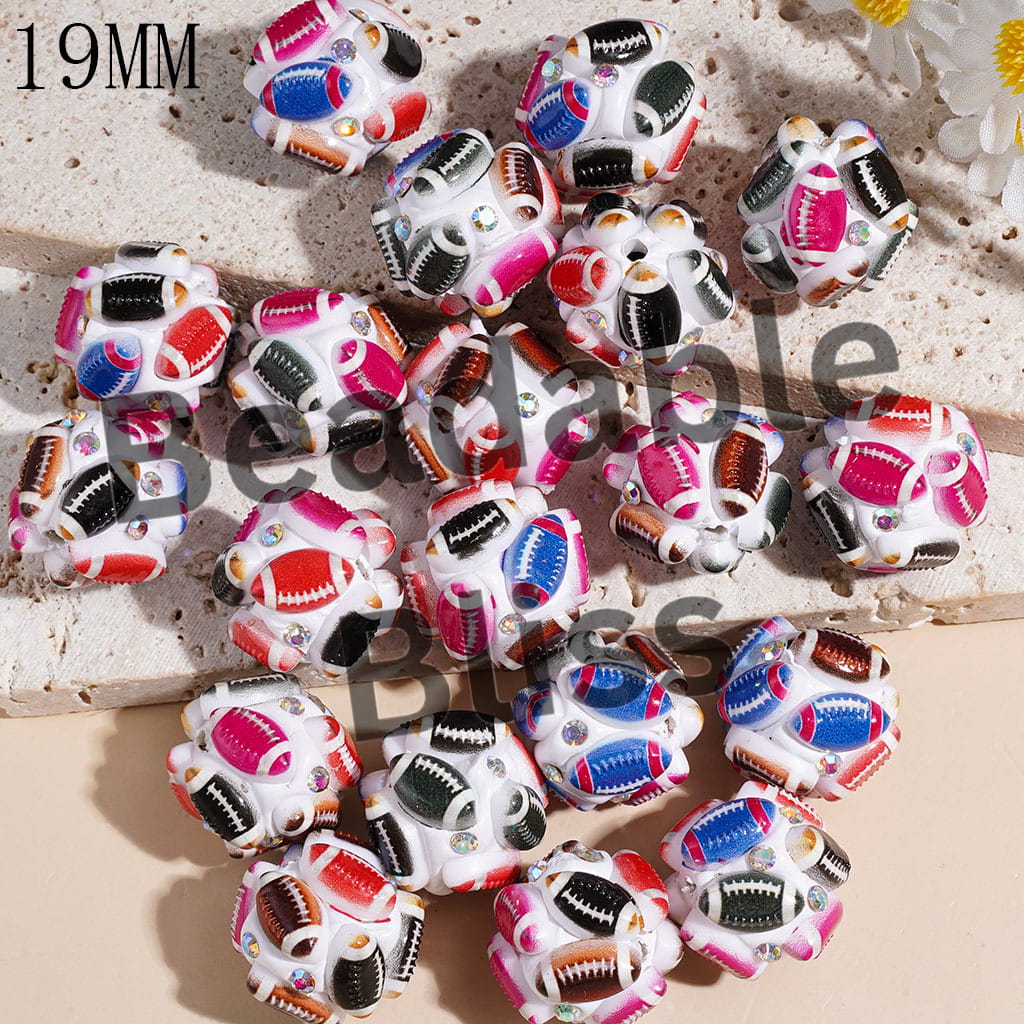 Clay Beads American Football and AB Rhinestones, 19MM Multi-Color
