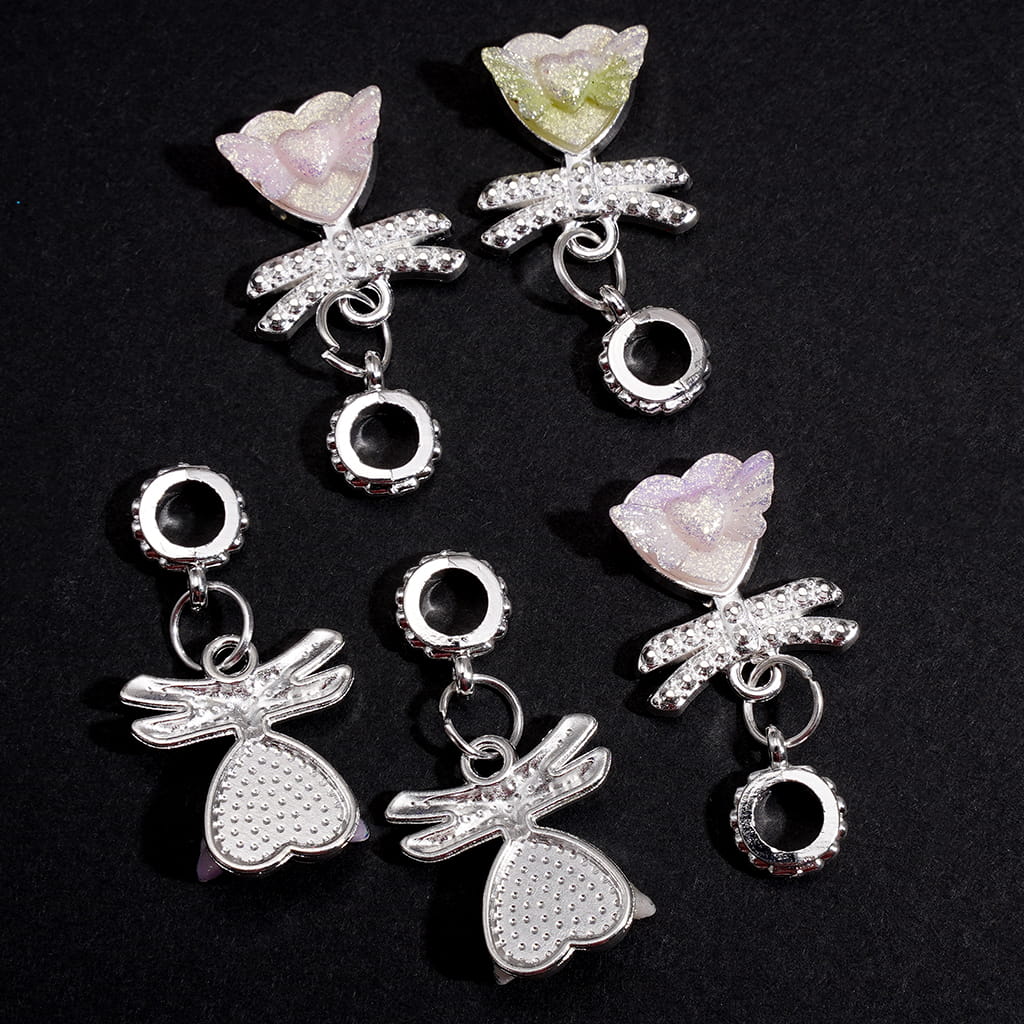 Silver Alloy Bail Loop Beads, Charm Pendants Dragonfly Heart with Shiny Heart and Wings, Random Mix