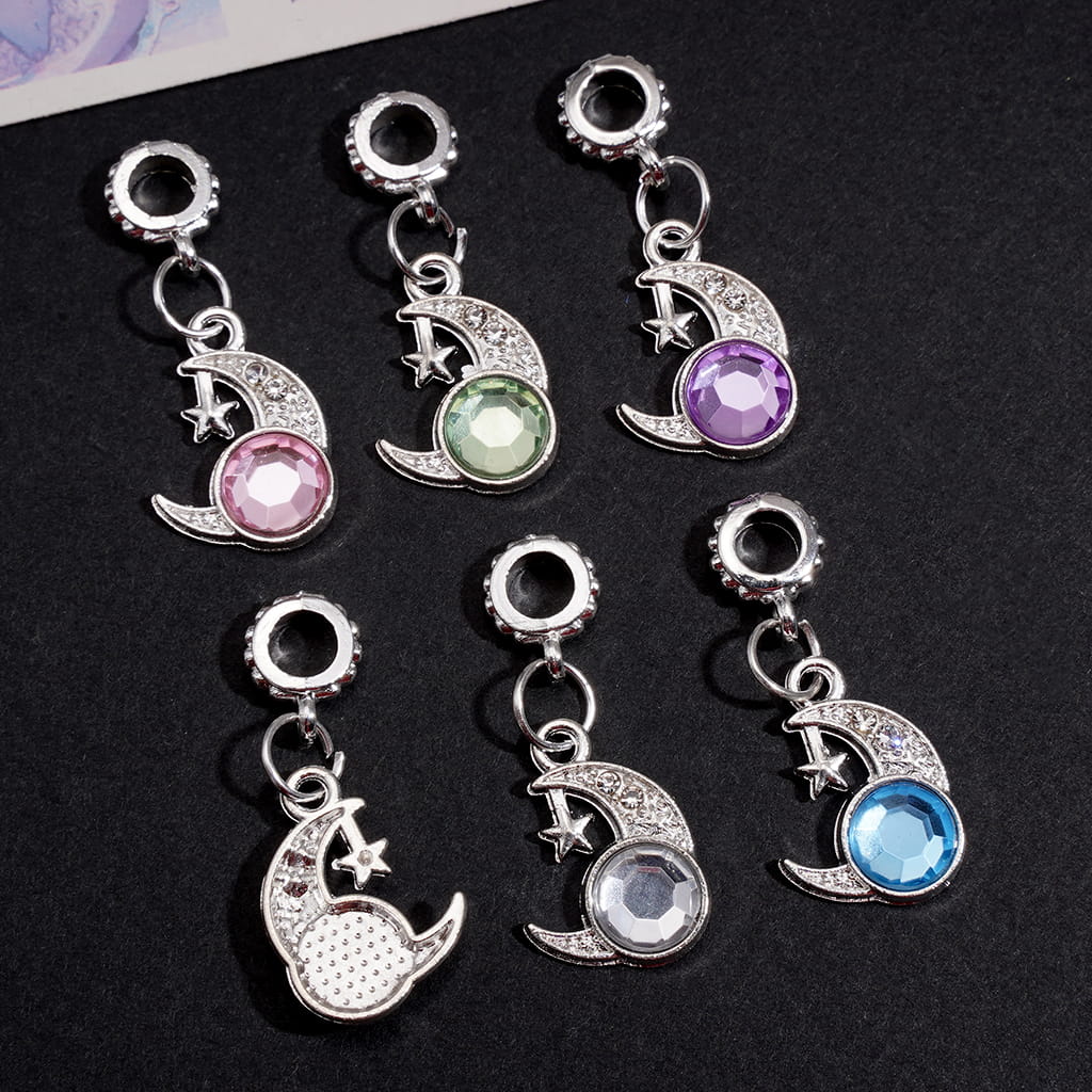 Silver Metal Bail Beads, Charm Pendants Crescent Moon with Star and Rhinestones, Random Mix
