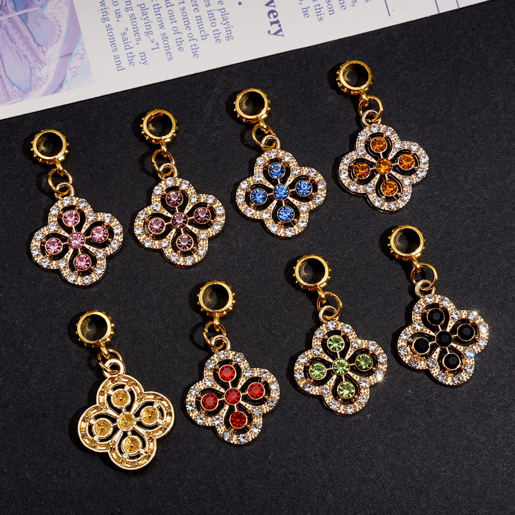 Gold Metal Bail Jump Ring Beads, Charm Pendants Four Leaf Glover with Bling Rhinestones, Random Mix