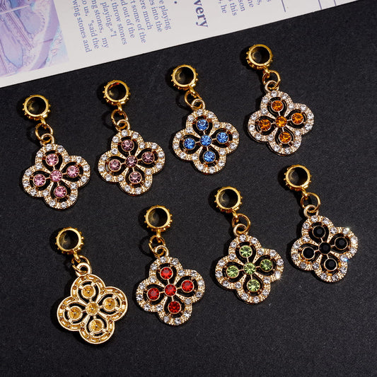 Gold Metal Bail Jump Ring Beads, Charm Pendants Four Leaf Glover with Bling Rhinestones, Random Mix