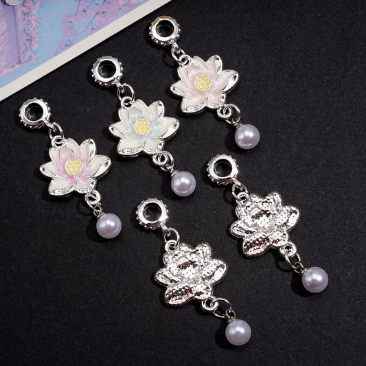Lotus Flower Silver Alloy Charm Pendants with Pearl Drop & Bail Loop Beads, Random Mix