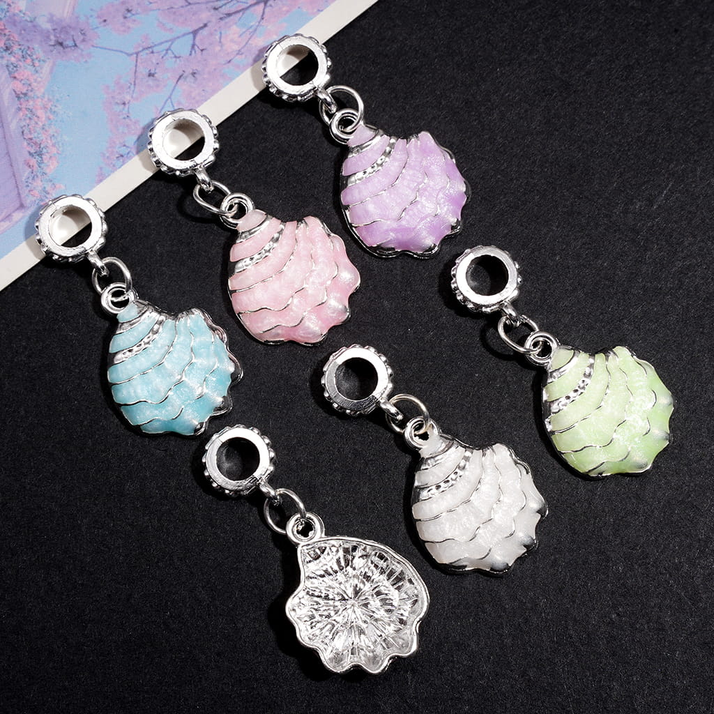 Seashell Silver Alloy Charm Pendants with Enamel Detail & Bail Loop Beads, Random Mix