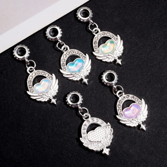 Alloy Pendants and Charms w Iridescent Heart, Angel Wings & Clear Rhinestones, Silver Tone, Multi-Color