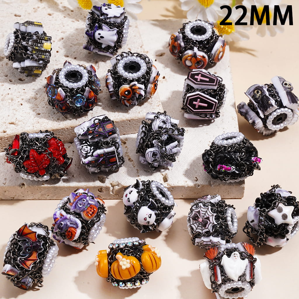 Acrylic Beads with Halloween Spooky Theme, Gun Black Chain & White Pearls Loop, Black Base, 22MM, Random Mix