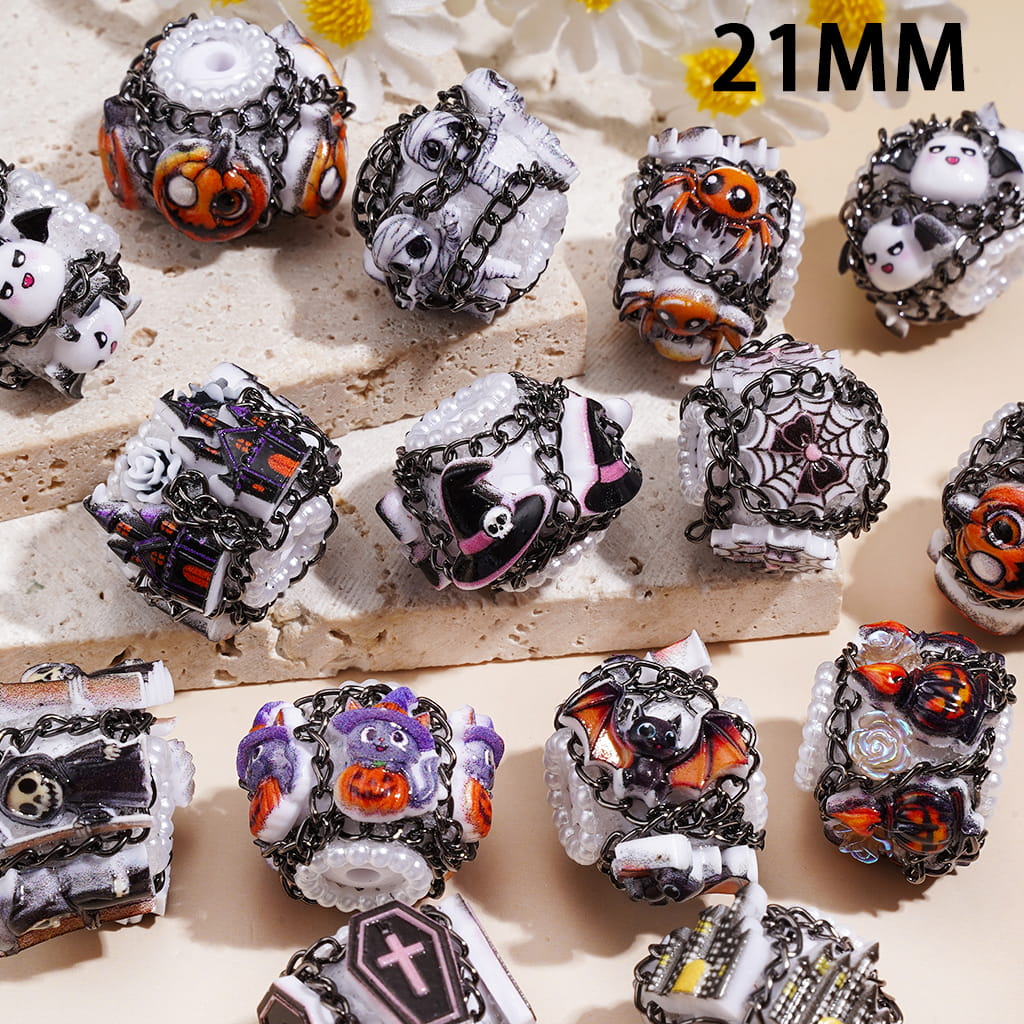 Acrylic Beads with Halloween Horror Spooky Theme, Gun Black Chain & White Pearl Loop, White Base, 21MM, Random Mix
