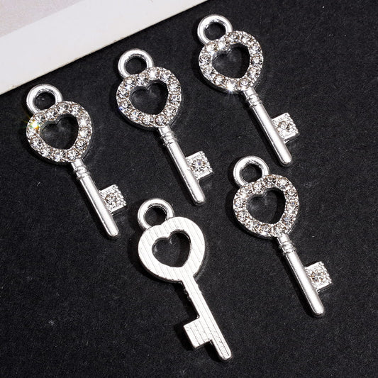 Silver Alloy Charms Pendant Heart Key Design and Clear Rhinestones, Jewelry Accessories