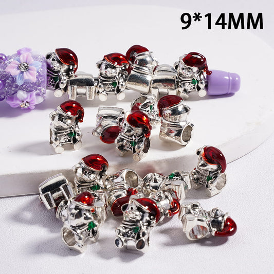 Acrylic Beads Christmas Bear with Red Hat, Big Hole Beads, 9*14MM, Horizontal Hole (The Hole Diameter is Around 4.5MM)