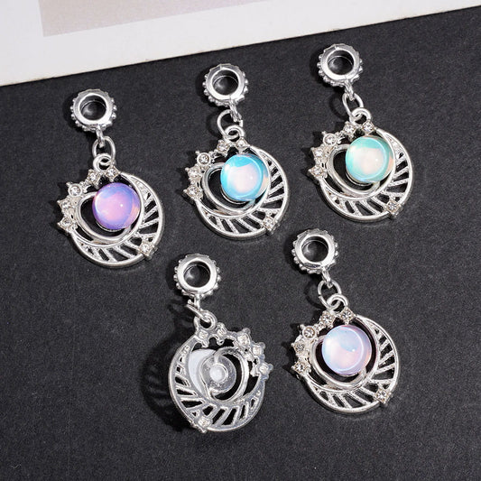 Silver Metal Bail Beads, Charm Pendants Crescent Moon with Planets Rhinestones, Jewelry Accessory Random Mix
