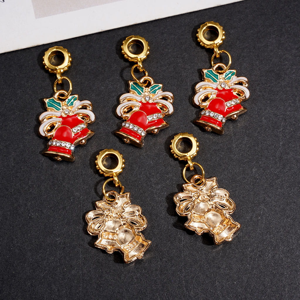 Gold Metal Bail Beads Christmas Bell Leaf with Clear Rhinestones, Charm Pendants & Jewelry Accessory
