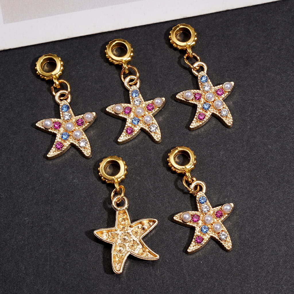 Gold Alloy Bail Beads for Pendants, Starfish with Blue Purple Rhinestones & White Pearls, Jewelry Accessory