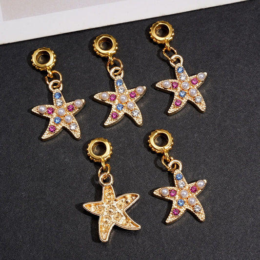 Gold Alloy Bail Beads for Pendants, Starfish with Blue Purple Rhinestones & White Pearls, Jewelry Accessory