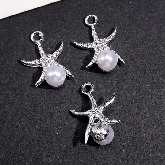 Silver Metal Bail Beads, Starfish with Clear Rhinestones and White Pearl, Jewelry Accessory