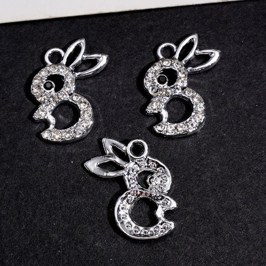Silver Alloy for Charms, Hollowed Rabbit with Clear Rhinestones, Jewelry Accessory