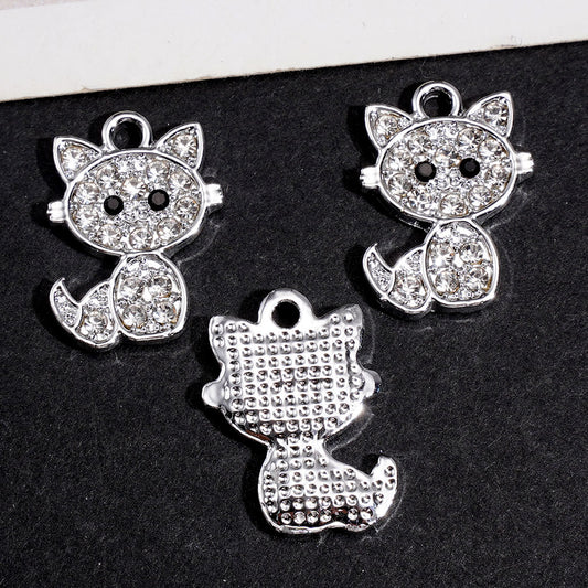 Silver Metal Charm Pendants, Cat with Clear and Black Rhinestones, Jewelry Accessory