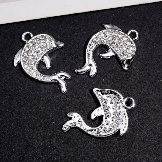 Silver Alloy Charm Pendants, Dolphin with Clear Rhinestones, Jewelry Accessory