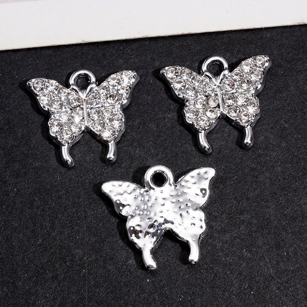 Silver Metal Charm Pendants, Mini Butterfly with Clear Rhinestones, Jewelry Accessory, Around 15*17MM