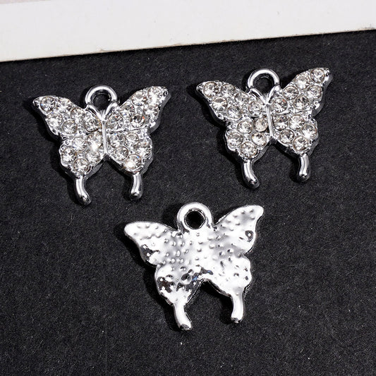 Silver Metal Charm Pendants, Mini Butterfly with Clear Rhinestones, Jewelry Accessory, Around 15*17MM