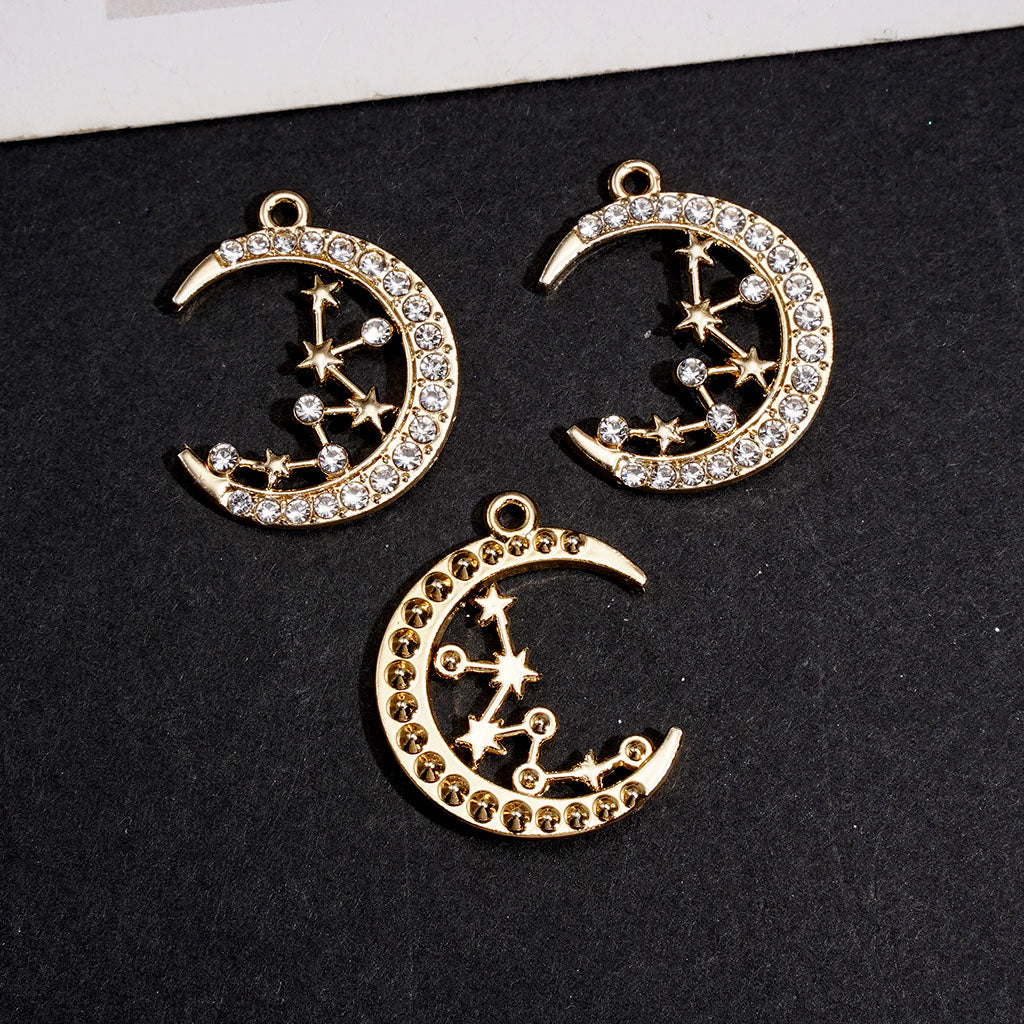 Gold Alloy for Pendants, Crescent Moon with Star & Clear Rhinestones, Jewelry Accessory