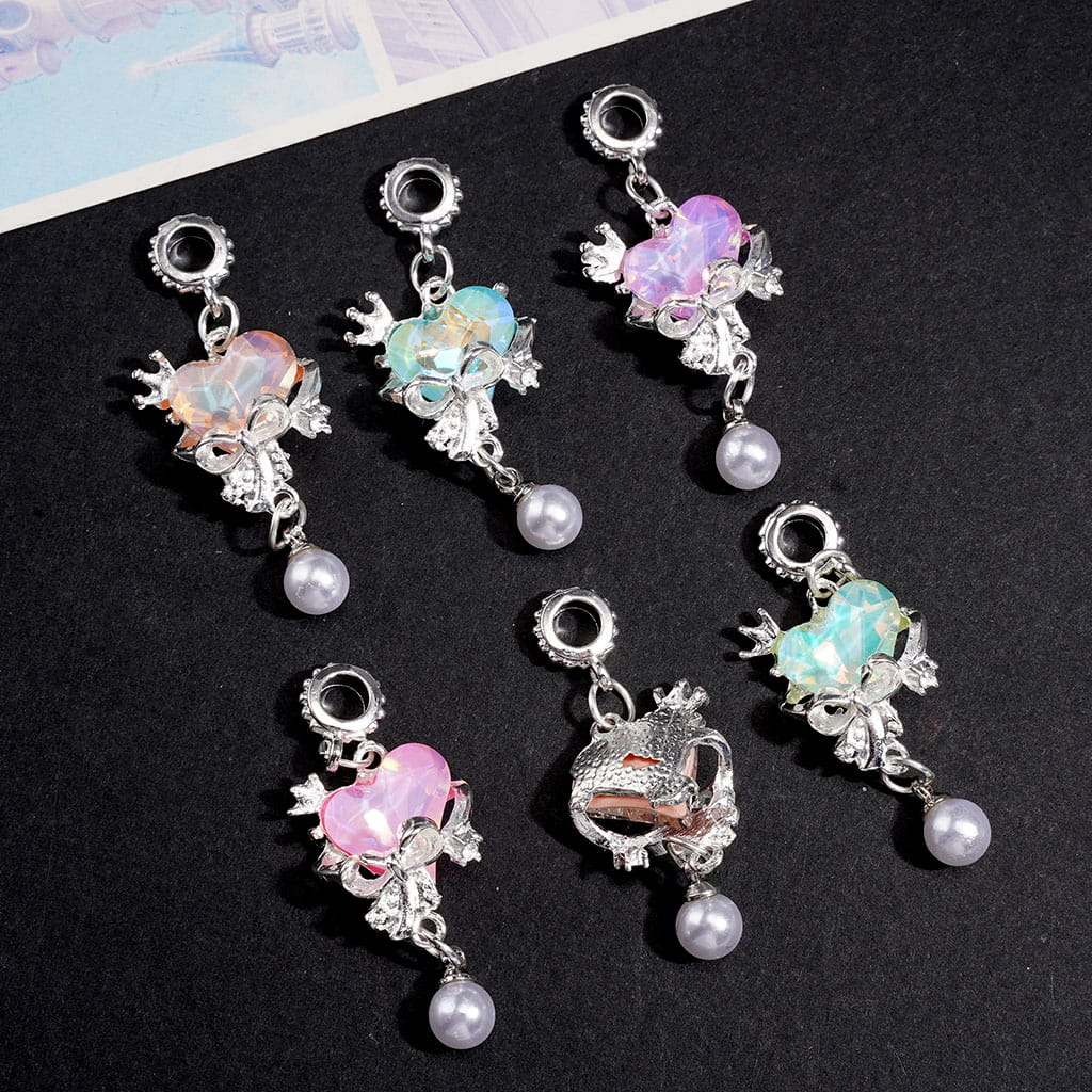Silver Alloy Bail Beads, Silver Metal Frame w Bow Crown Clear Heart Rhinestones White Pearl Jewelry Accessory Radom Mix