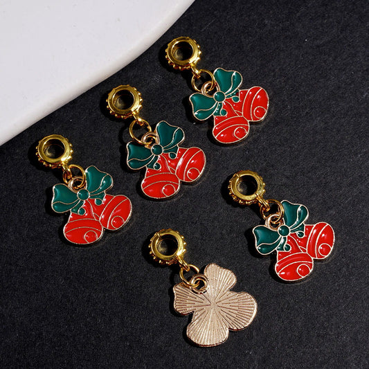 Gold Alloy Bail Beads, Charm Pendants with Double Christmas Bell & Green Bowknot, Jewelry Accessory