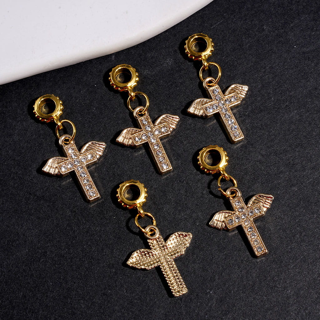 Gold Alloy Bail Beads, Charm Cross with Wings and Clear Rhinestones, Jewelry Accessory