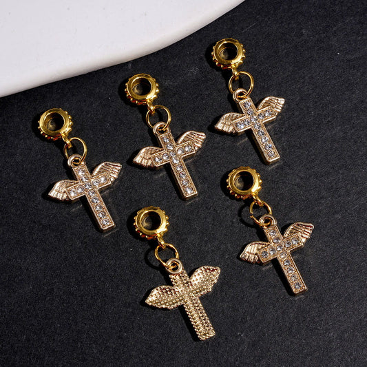 Gold Alloy Bail Beads, Charm Cross with Wings and Clear Rhinestones, Jewelry Accessory