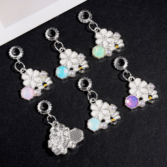 Silver Metal Bail Beads, Charm Pendants White Six-Petaled Flower Bee, White Pearls & Various Colors Rhinestones, Jewelry Accessory Random Mix
