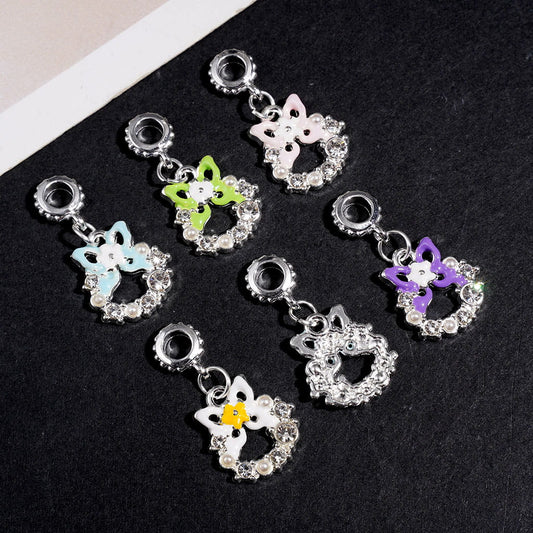 Silver Metal Bail Beads, Charm Pendant Wreath w Butterfly Clear Rhinestones White Pearl, Jewelry Accessories Multi-Colors Random Mix