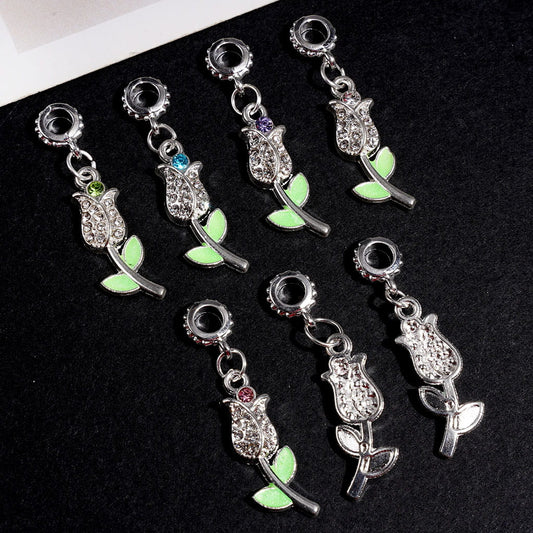 Silver Alloy Bail Beads Tulip Flower w Clear Rhinestones & Green Leaves, Charm Pendant Jewelry Accessories, Random Mix