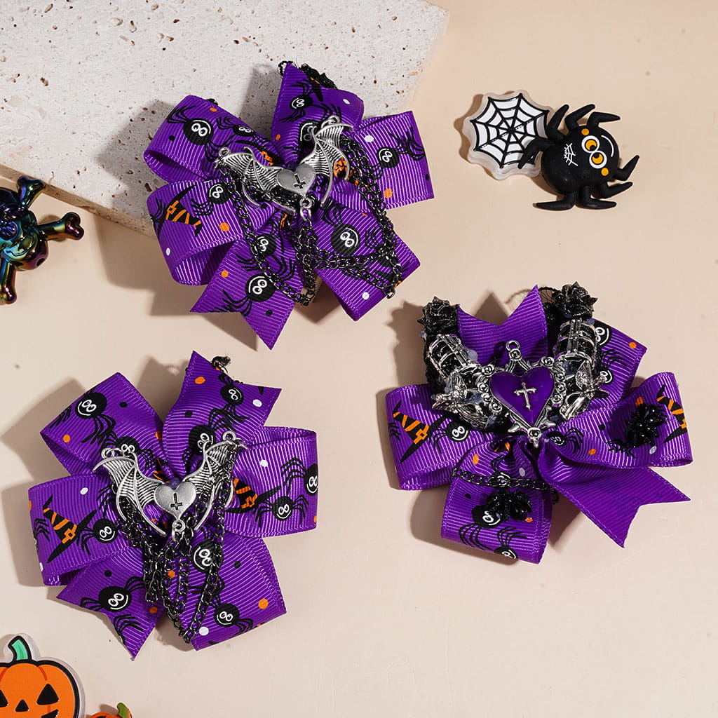 Halloween Black Crescent Moon Fabric Acrylic Beads, Gun Black Metal Window Cross Heart Angel Bat Wings Black Chains, Rose Flower & Purple Ribbon Bow w Spider