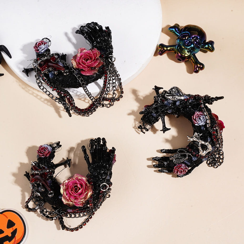 Gothic Black Crescent Moon Fabric Acrylic Beads, Metal Skull Hand Cross Snake Bird, Red Star Rose Flowers Chains Rhinestones