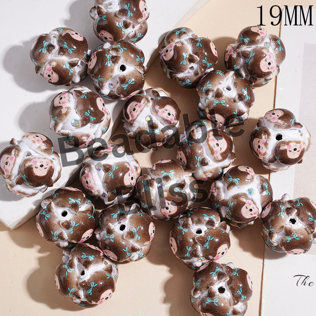 Clay Beads with Baby Girl Monkey Doll Character with Teal Bowtie and AB Rhinestones, 19MM