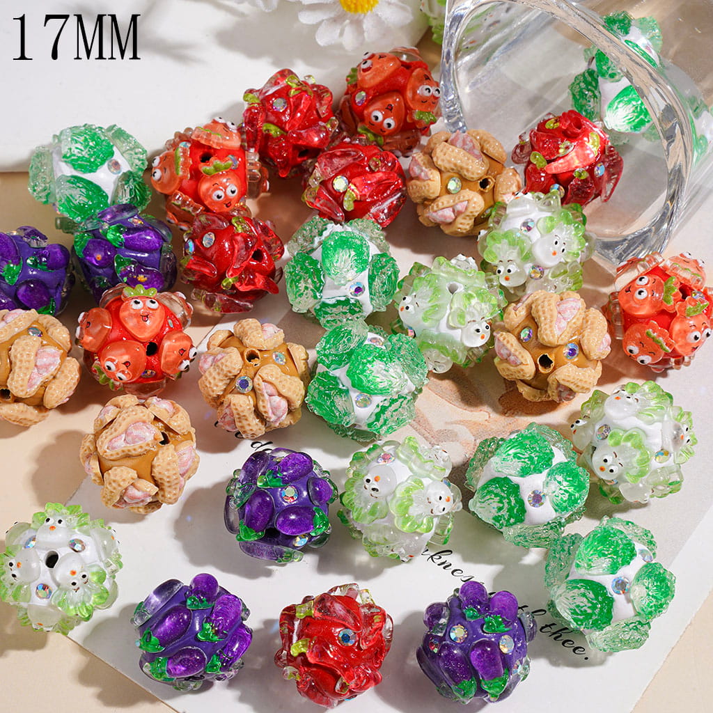 Clay Beads Vegetables Series w Peanut Chili Pepper Carrot Eggplant Napa Cabbage, AB Rhinestones, 17MM Random Mix Multi-Color
