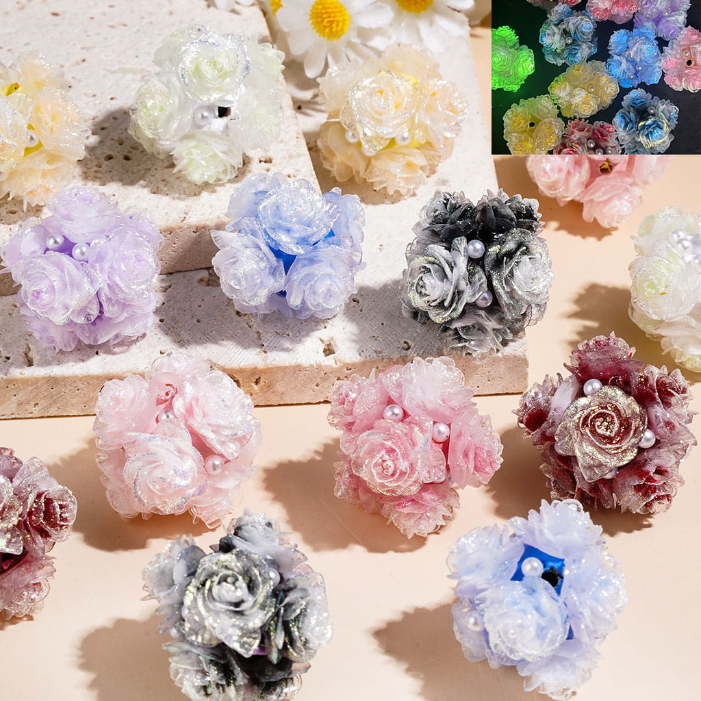 Clay Beads Luminous Flower with Glitter, White Pearl, Random Mix Multi-Color