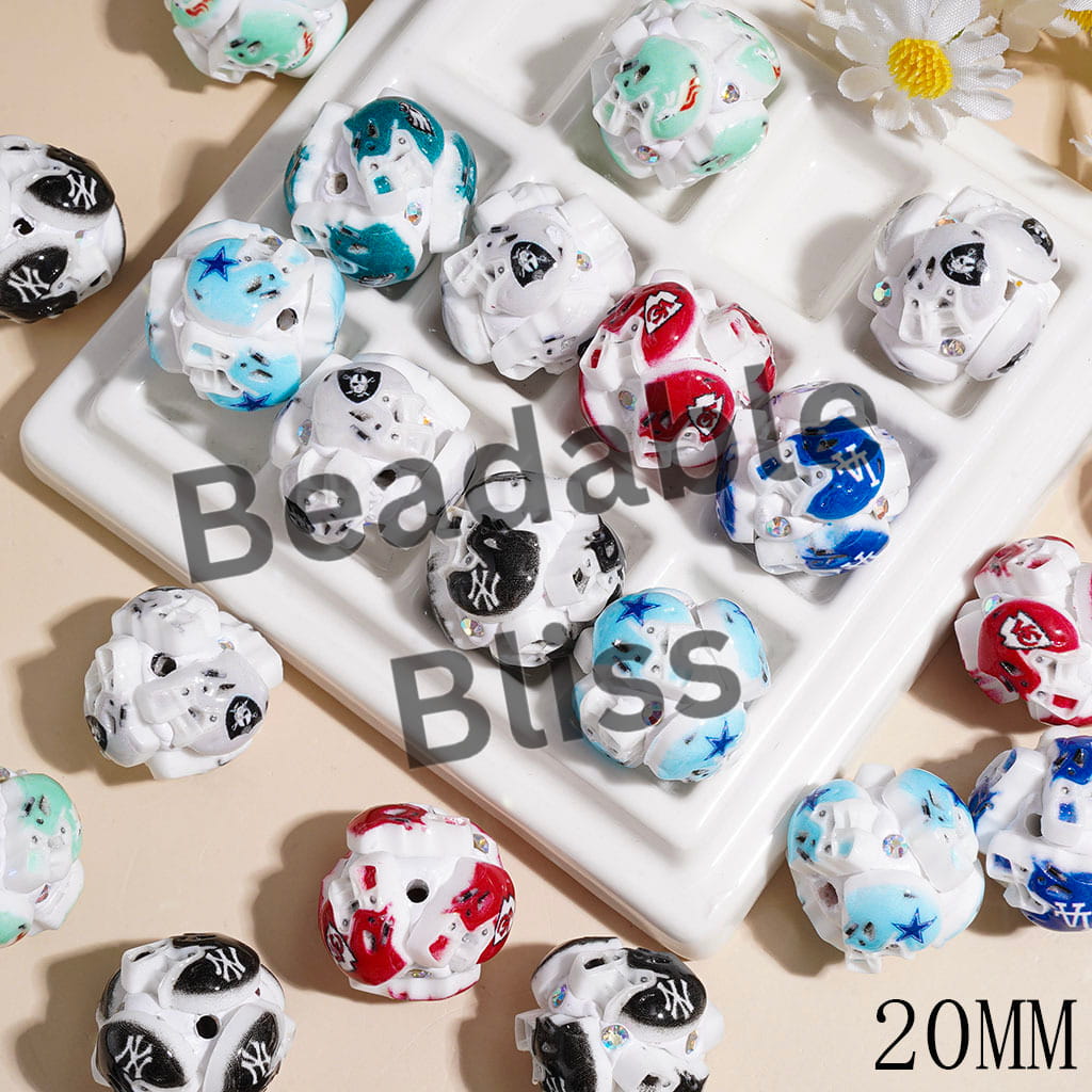 Clay Beads USA American Football Baseball Team Helmet Series and AB Rhinestones, 20MM Multi-Color Random Mix