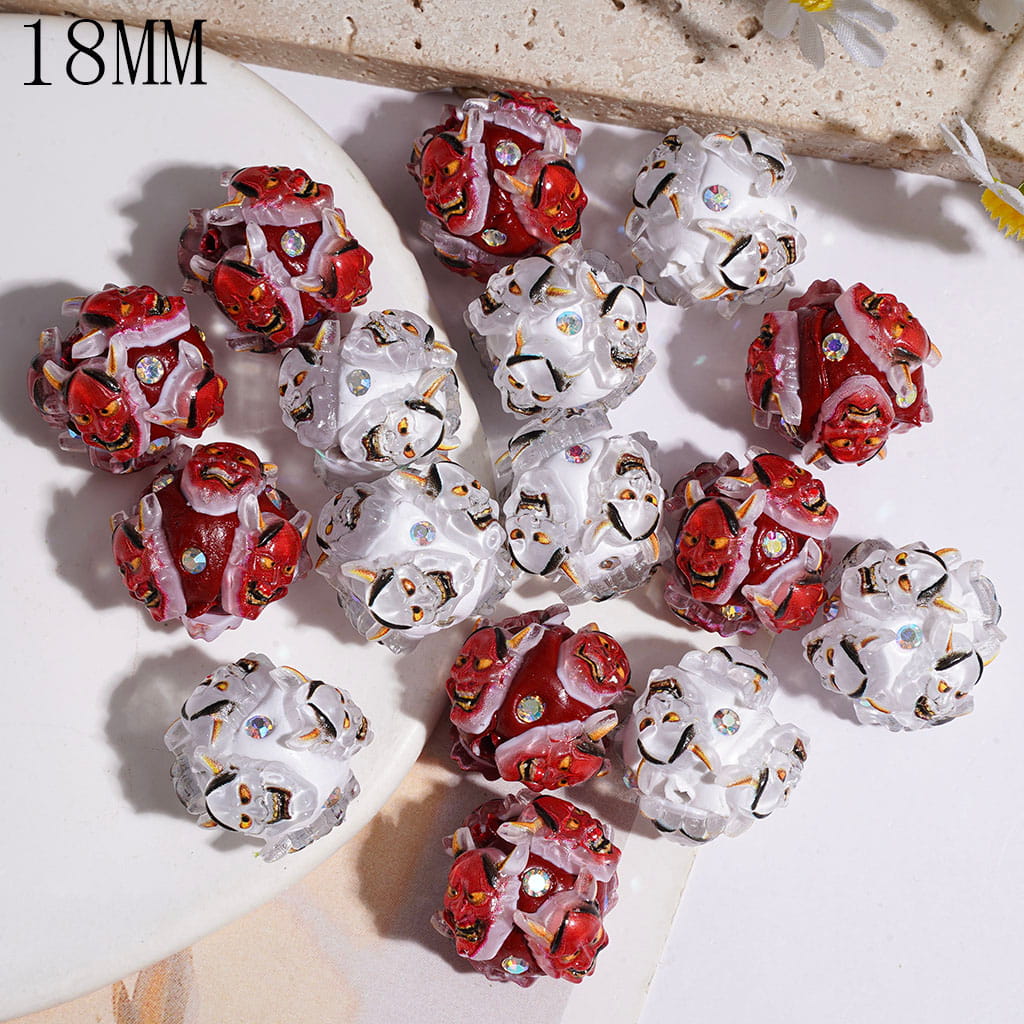 Clay Beads with Ghost Mask and AB Rhinestones, 18MM White Red Random Mix