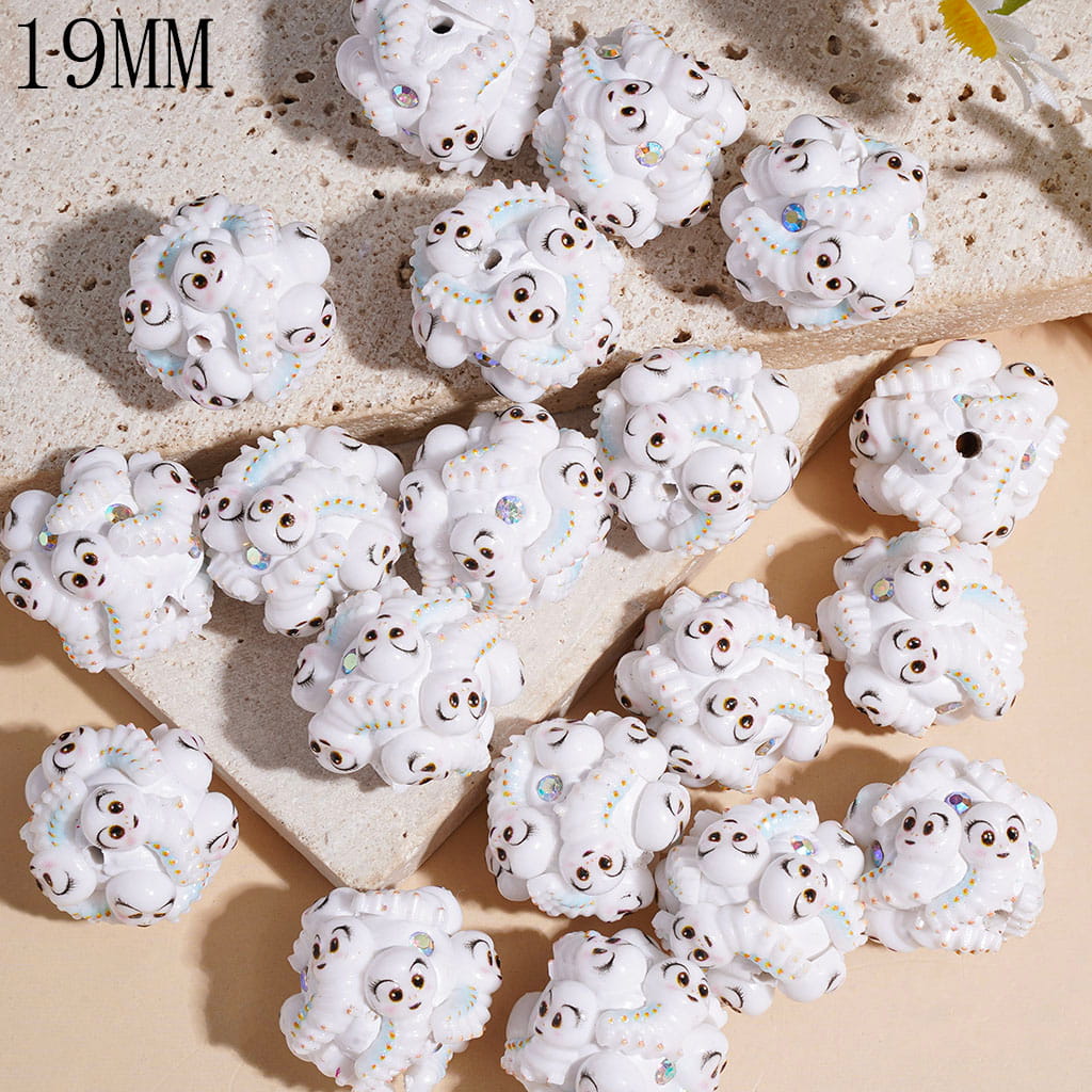 Clay Beads with Caterpillar and AB Rhinestones on White Background, 19MM