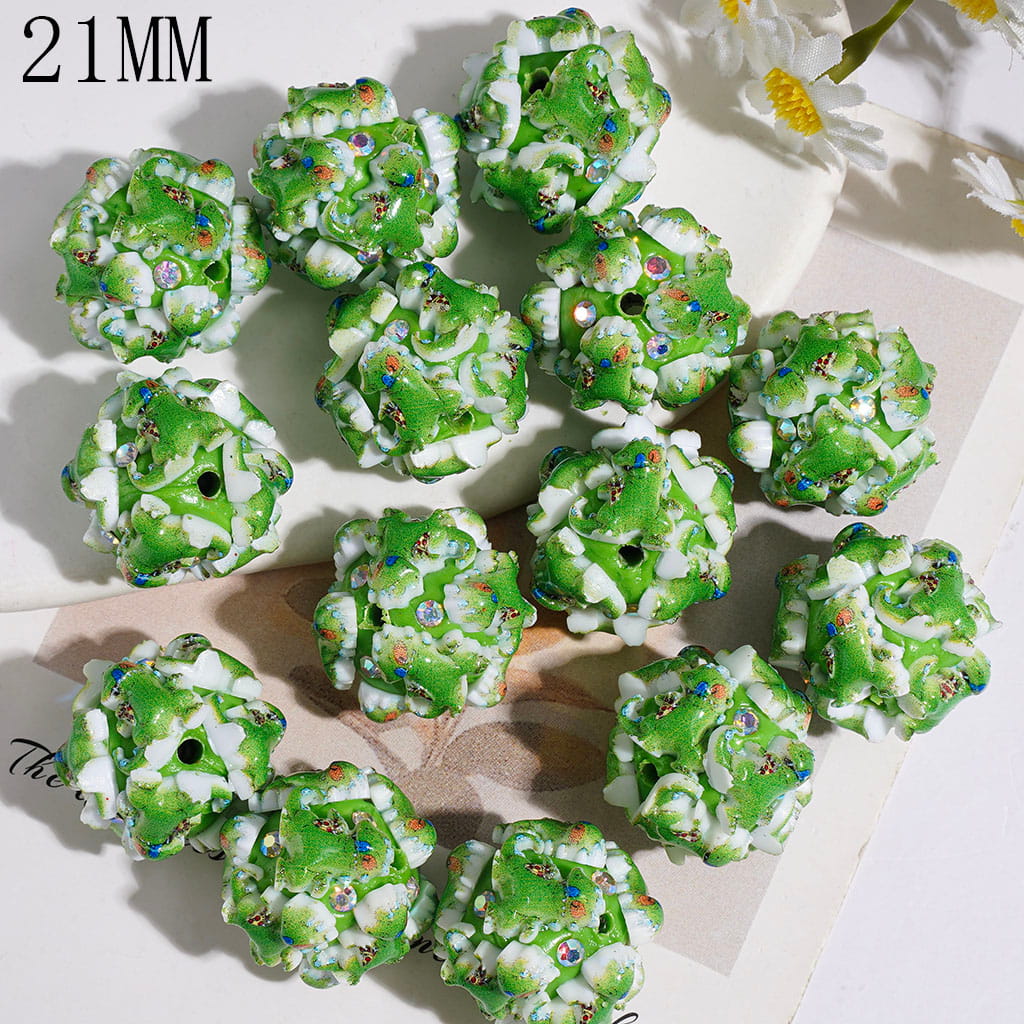 Clay Beads with Dragon and AB Rhinestones in Green Series, 21MM