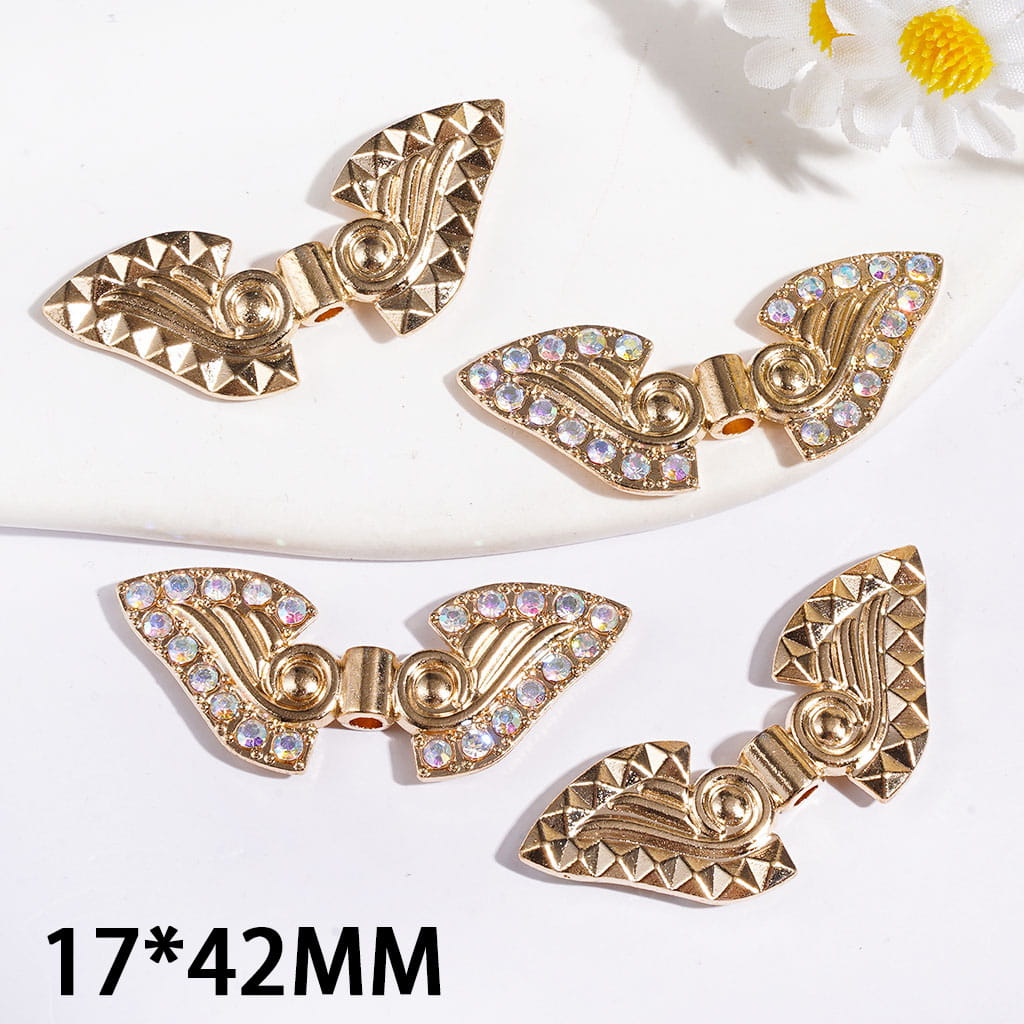 Angel Wings with AB Rhinestone Alloy Beads, 17*42MM Gold Color