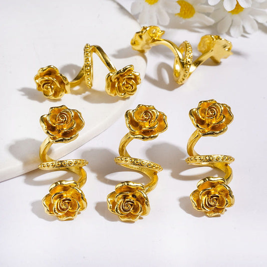 Trendy Twisted Spiral Metal Beads with Rose Flower, Large Hole, Jewelry Accessories, Gold Color