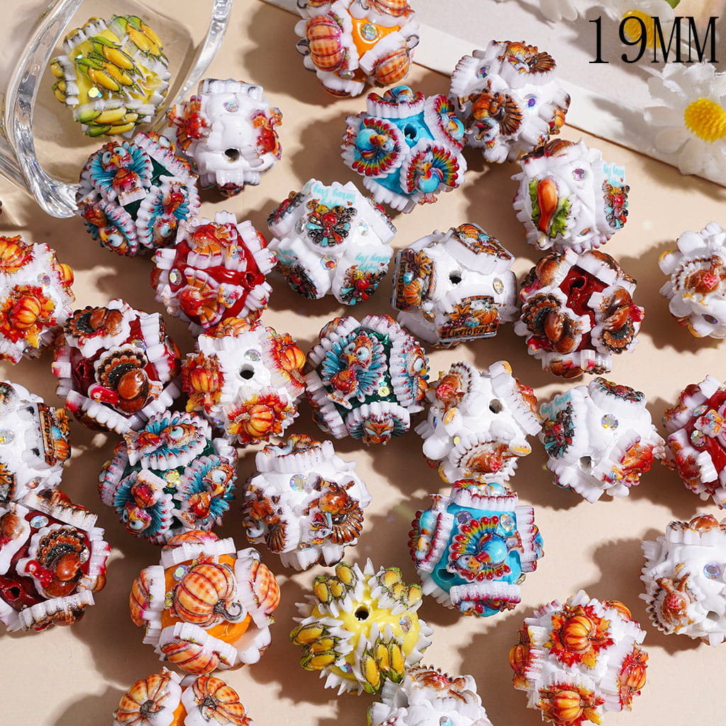 Clay Beads Thanksgiving Day Theme with Various Food Turkey Truck and AB Rhinestone, 19MM Random Mix